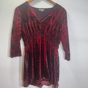 Energie Red Black Velvet Babydoll Top Shirt Size  L Boho Gothic Stretch Lace Hem